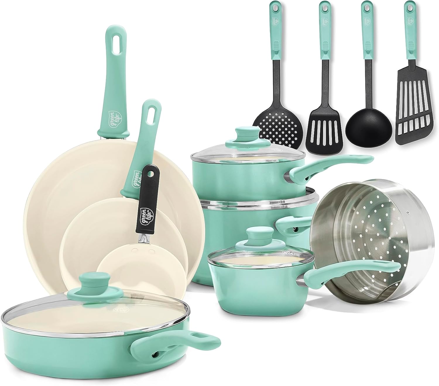 B071X9PTYV - GreenLife Soft Grip 16 Piece Cookware Set, Non-Toxic PFAS-Free Ceramic