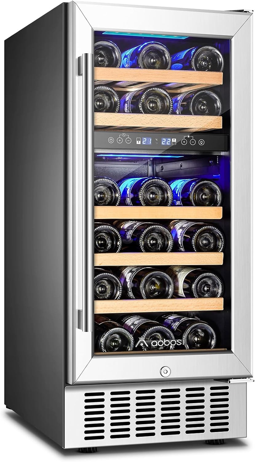 B07RXPJMXL - AAOBOSI Upgraded 15 Inch Wine Cooler, 28 Bottle Dual Zone