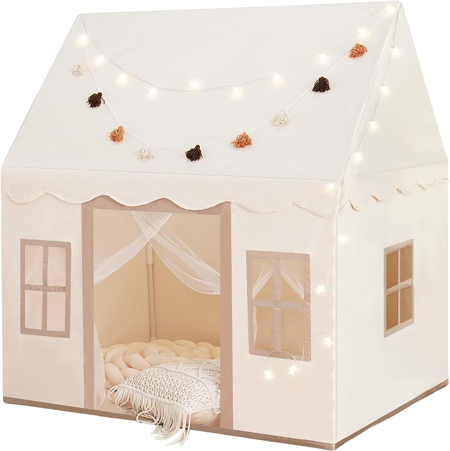 B08R3BN98M - Large Kids Tent with mat, Star Lights, Tissue Garland, Play