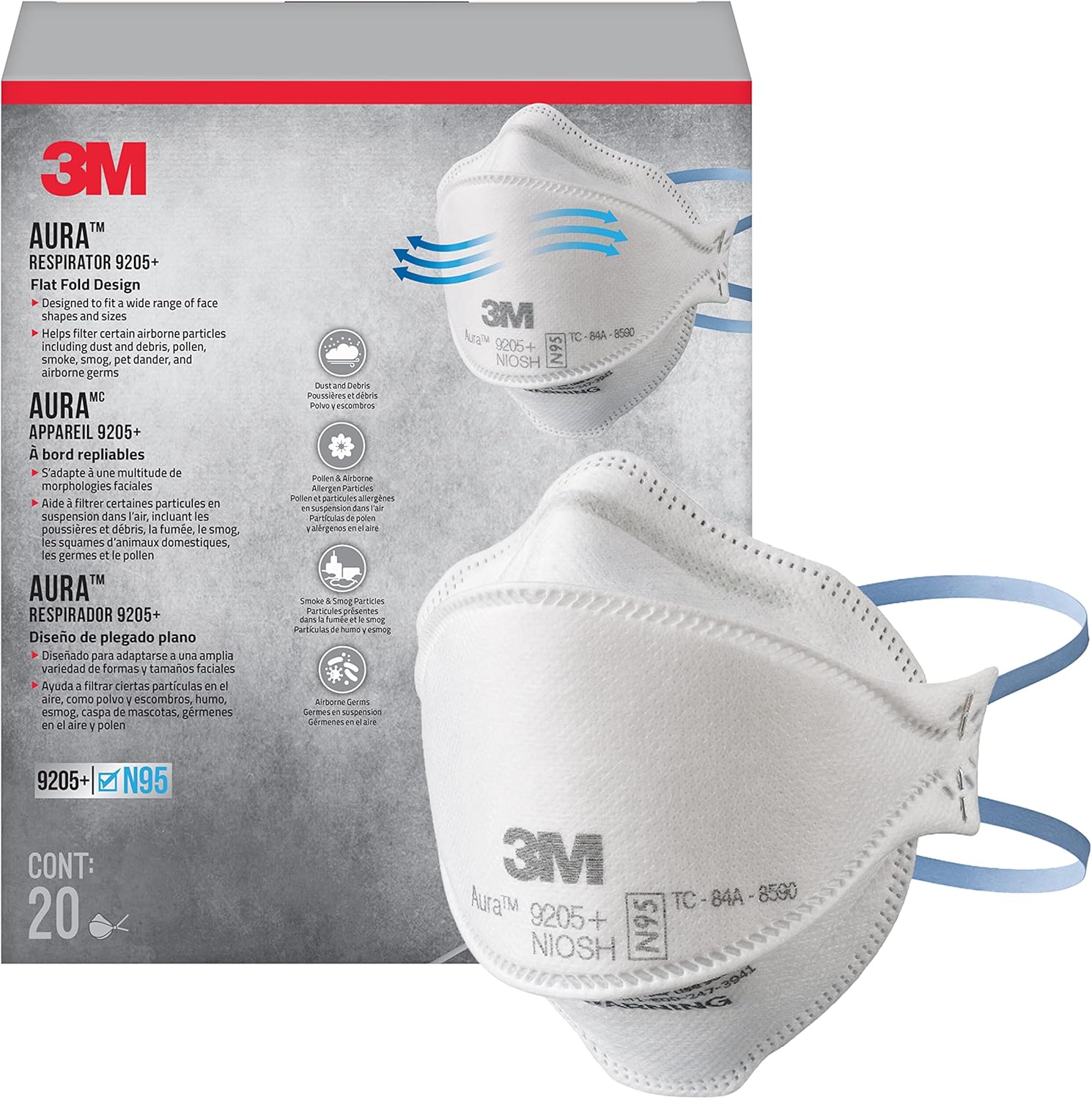 B095FJ36H2 - 3M Aura Particulate N95 Respirator 9205+, Flat Fold Lightweight Design,