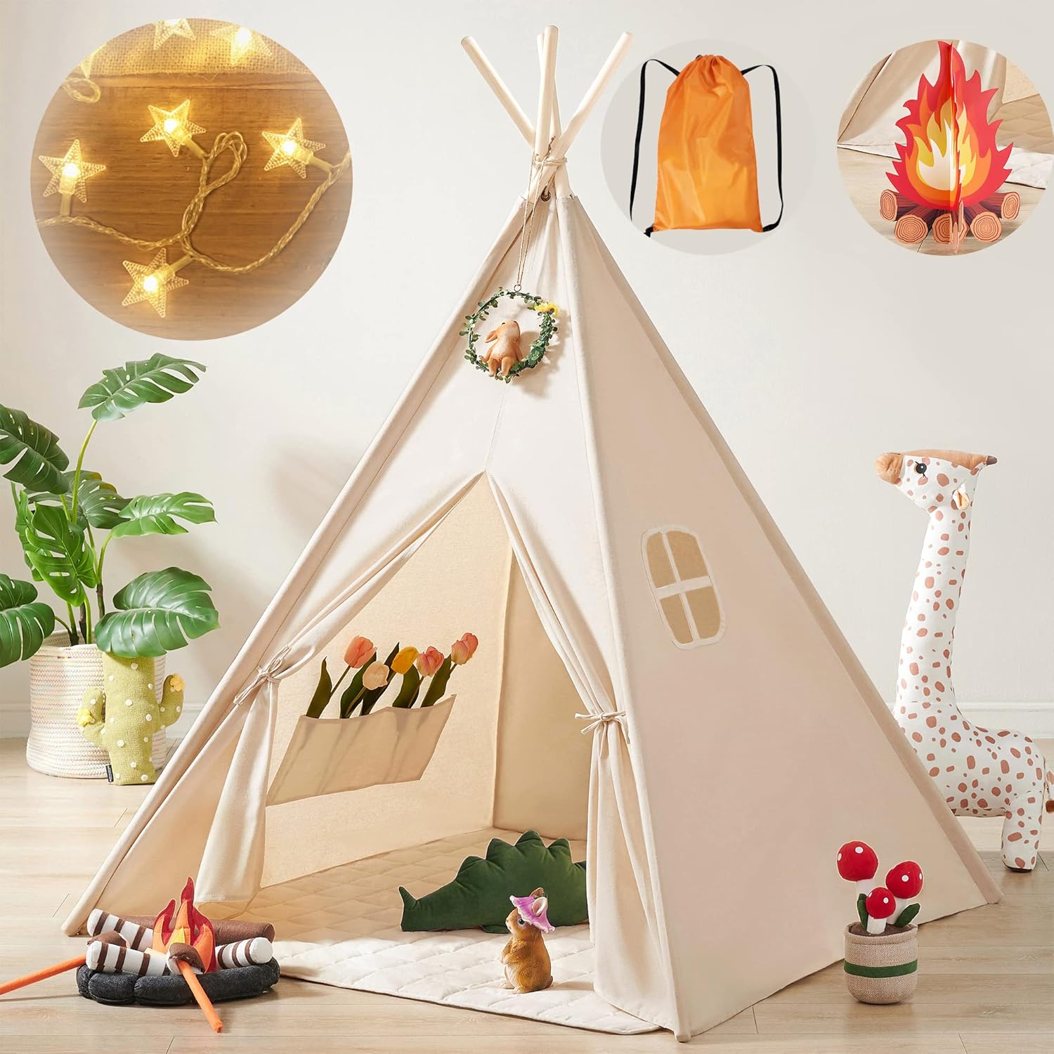 B098XLJYX1 - Tiny Land Kids-Teepee-Tent with Lights & Campfire Toy & Carry