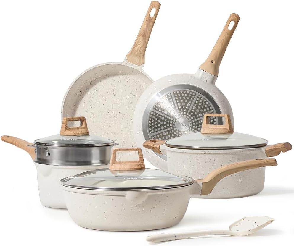B09KHBBCKW - CAROTE Pots and Pans Set Nonstick, White Granite Induction Kitchen