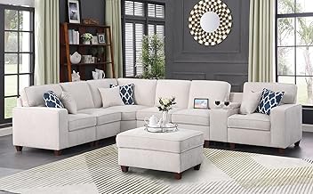 Ball & Cast 127" L-Shaped Sectional Couch with Movable Ottoman&6 Throw Pillow,7 Seat Chenille Upholstered - B0FKXP58B4