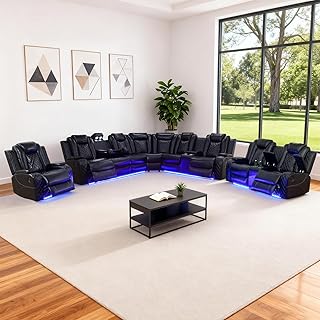 Leather Power Recliner Sectional Sofa Set with LED Light,L Shaped Leather Couch Set with 5 - B0FVXN2SC8