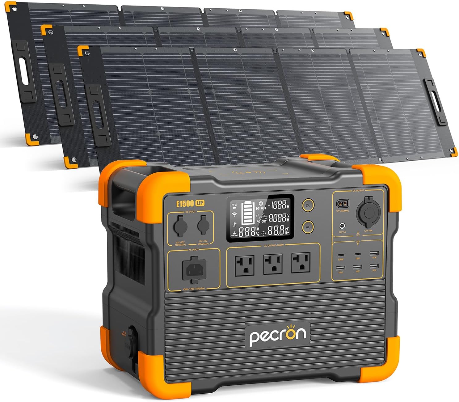 pecron E1500LFP 2200W Portable Power Station with 3x200W Solar Panels - B0CN2KG53M