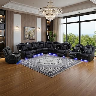Power Leather Recliner Sectional Sofa with LED Light,L Shaped Recliner Modular Couch with USB Charger/Cup - B0FYC1DG9T