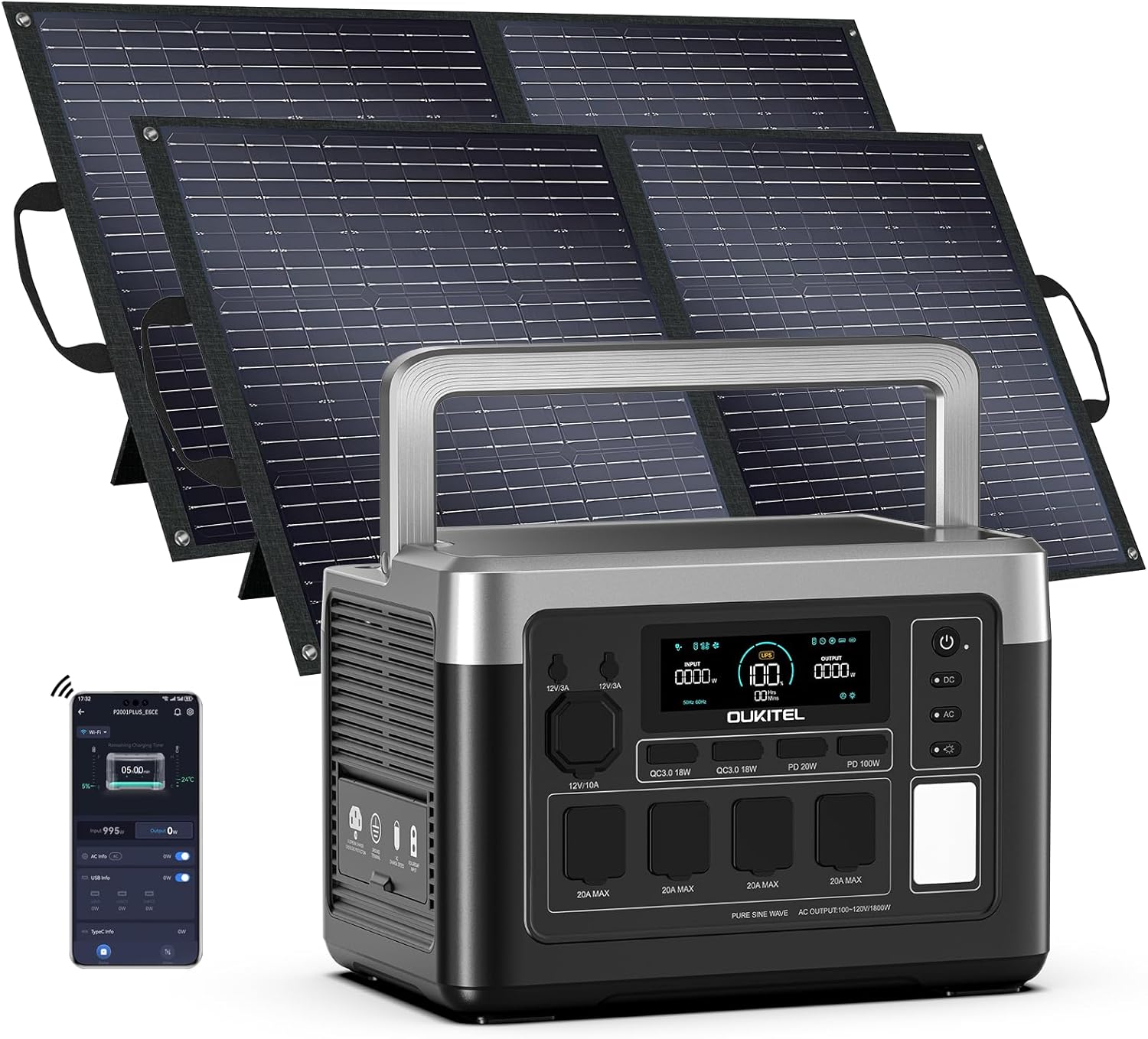 OUKITEL P1000 Plus 1800W/1024Wh Power Station with 2x100W Solar Panel, – B0DTSZC5DC