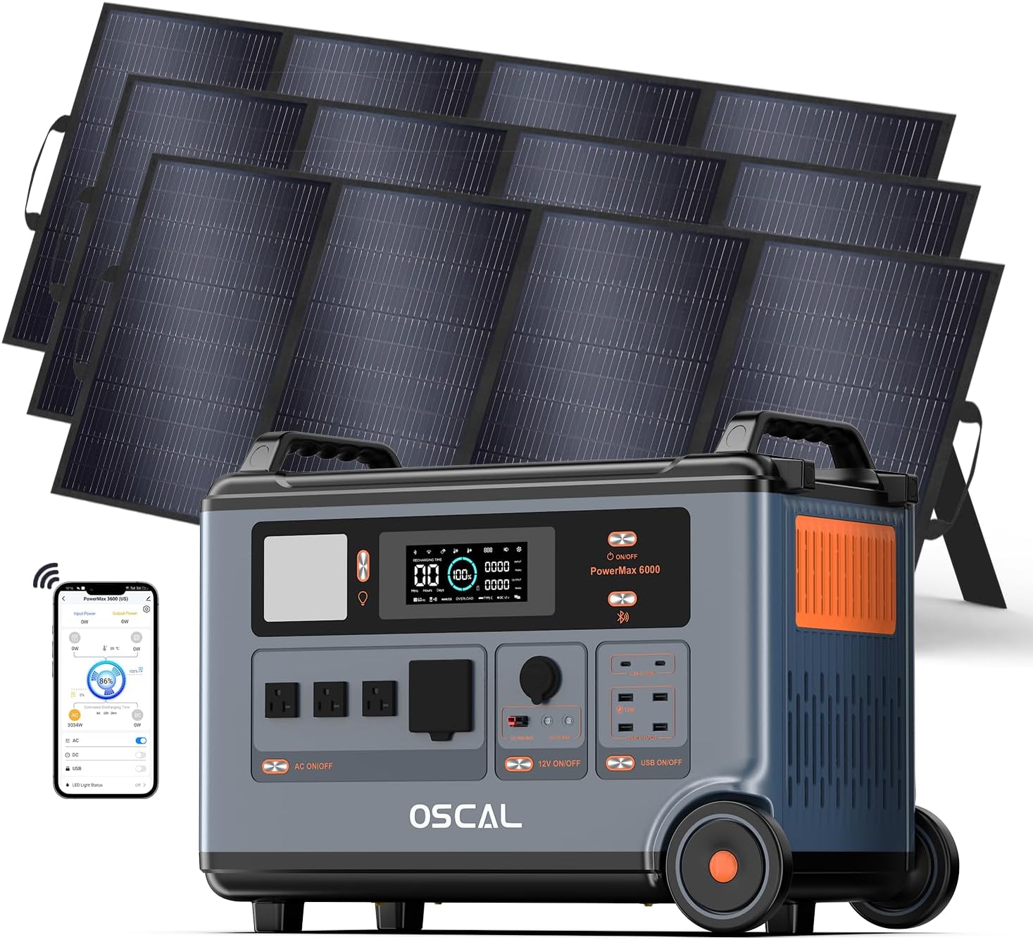 OSCAL Solar Generator 3600Wh PowerMax 6000 with 3X400W Portable Solar - B0F9KPK1C7