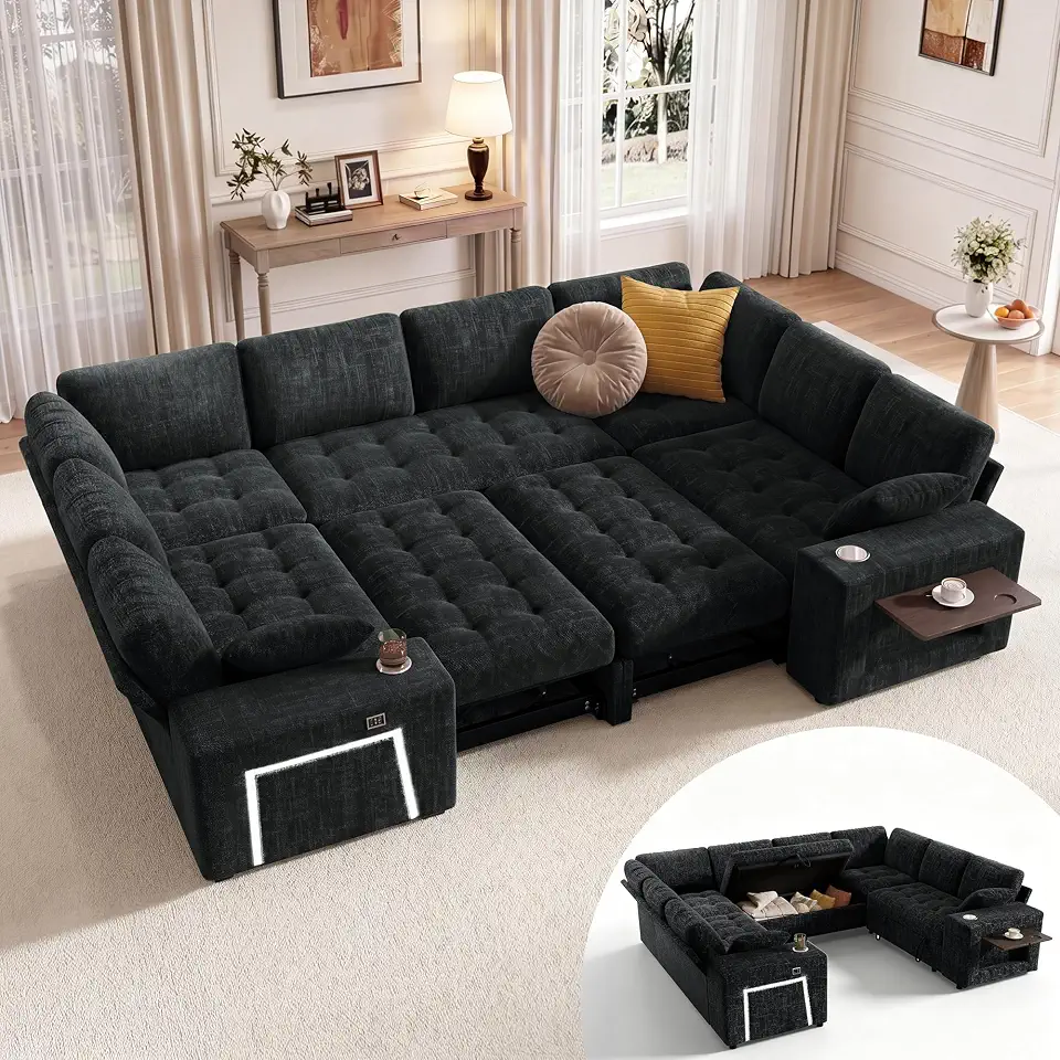 110"Modular Sectional Sofa with Pull Out Bed, U-Shaped Sleeper Sofa, Black | 8 Seater Chenille - B0HH8NRP4L