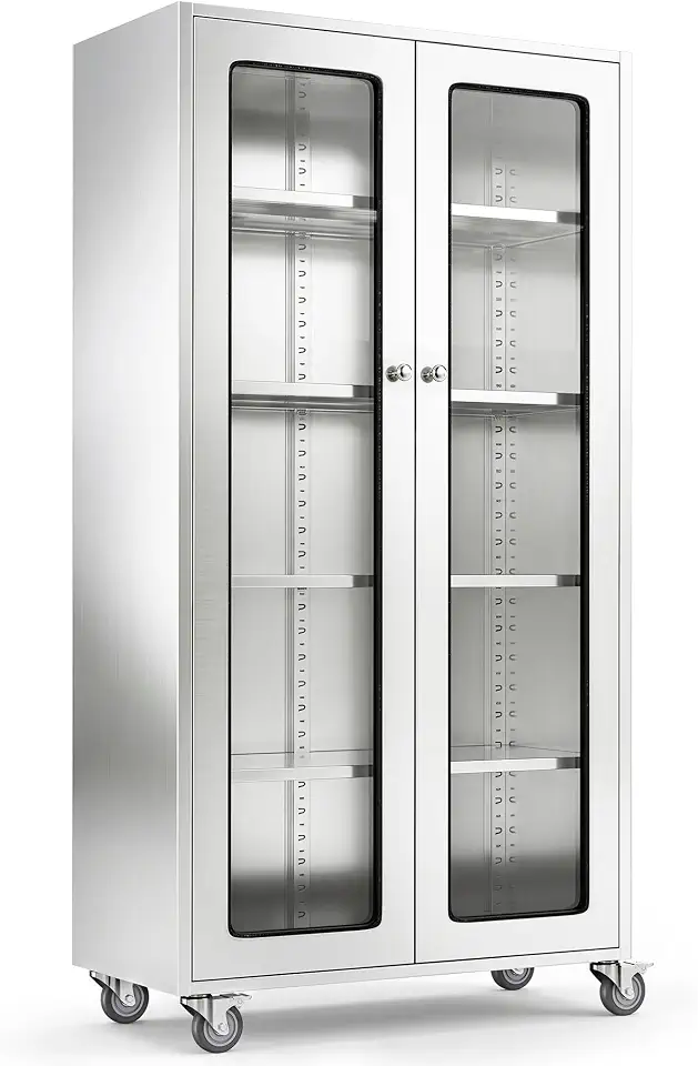 65" Tall Stainless‑Steel Storage Cabinet on Wheels, 5‑Tier Adjustable‑Shelf Pantry Cabinet with Shatter‑Resistant Tempered Glass - B0HGQNRZ9D
