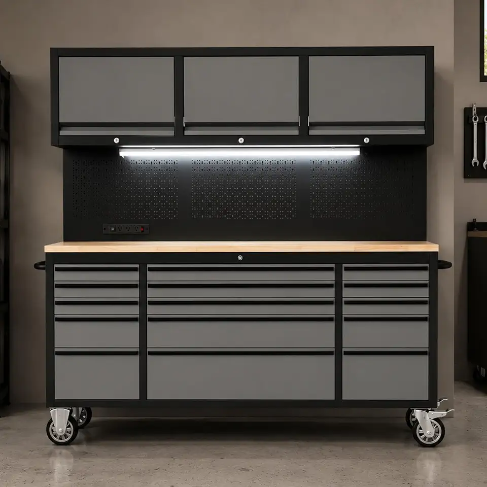 72 Inch Rolling Tool Chest, 15-Drawer & LED, Workbench & Pegboard | 1000 LBS Capacity - B0HGLD35DS