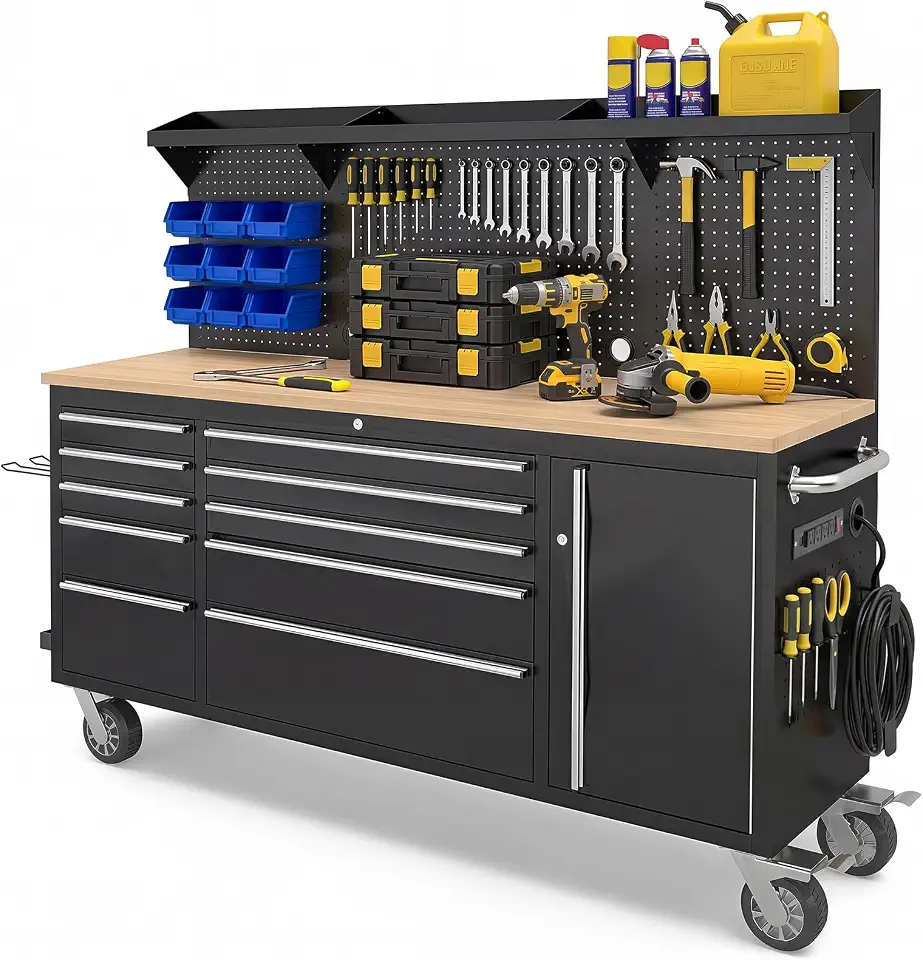 72" Rolling Tool Chest, 10 Drawers Garage Workbench Storage Tool Cabinet with Power Strip, Solid - B0GVP25LJR