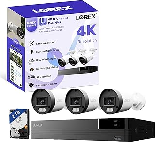 Lorex Connect (New App) | U-Series | 8Ch 4K NVR System | 3 Bullet Cameras | 4K PoE Cameras | No Cables | 2TB HDD | Listen-In Audio| Lights Deterrence| Color Night Vision | Smart AI Detections | IP67