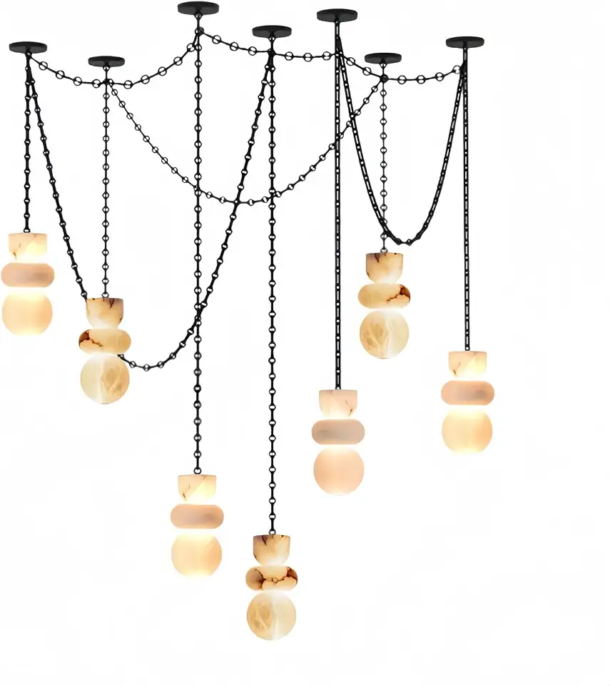 Natural Marble 7-Head LED Chain Pendant Light for Living Room | 2700K multi-head alabaster chandelier, - B0HFVRNWPT