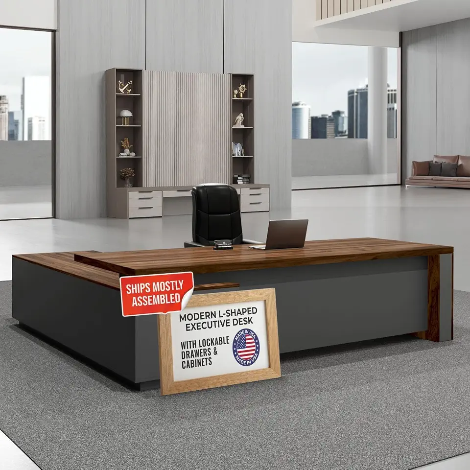 OfficeSimpli L Executive Desk with Drawers, Made in USA, 74x63x30, Walnut | Lockable drawers and - B0HF51JK64