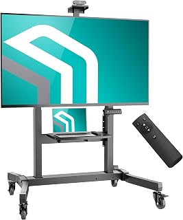 ONKRON Motorized TV Stand 50-100", up to 265 lbs, max VESA 1000x600, Black | Electric TV lift height adjustable 44.5"-63", remote, tilt, AV & webcam shelves, cable channels, wheels; for office & school