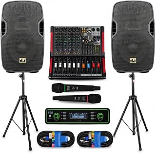 Pa System with Wireless Microphone and Speakers 10" 2000W Built-in Amp | Audio Mixer for DJ party PA kit with Wireless UHF Mic, 6-channel mixer, Dual Wireless UHF mic, 800W Speaker and Dual Stands