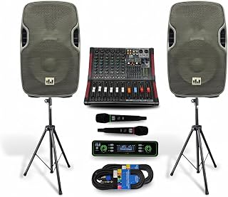 Pa System with Wireless Microphone and Speakers 15 ", 2000W Built-in amp | 6-channel audio mixer, Wireless Dual UHF mic, Tripod Stands and Complete PA kit for DJs, parties and events
