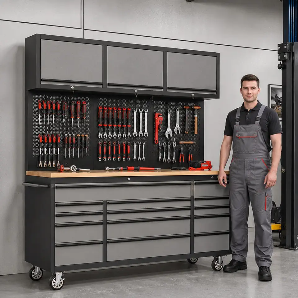 Upgraded 72" Rolling Tool Chest with 14 Drawers, 4 Wheels, 79" x 24", Grey | - B0HGLH319X