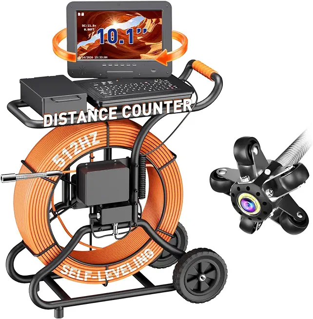 10" Sewer Camera w/Wheel & 512Hz Transmitter, Self-Leveling Pipe Inspection Camera, Distance Counter & 5X - B0G2QTR65J