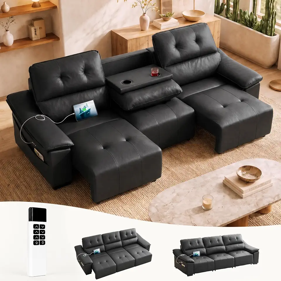 110’’ Electric Leather Recliner Couch, Power Extendable Pull Out Sofa Bed - B0HHRJB9PT