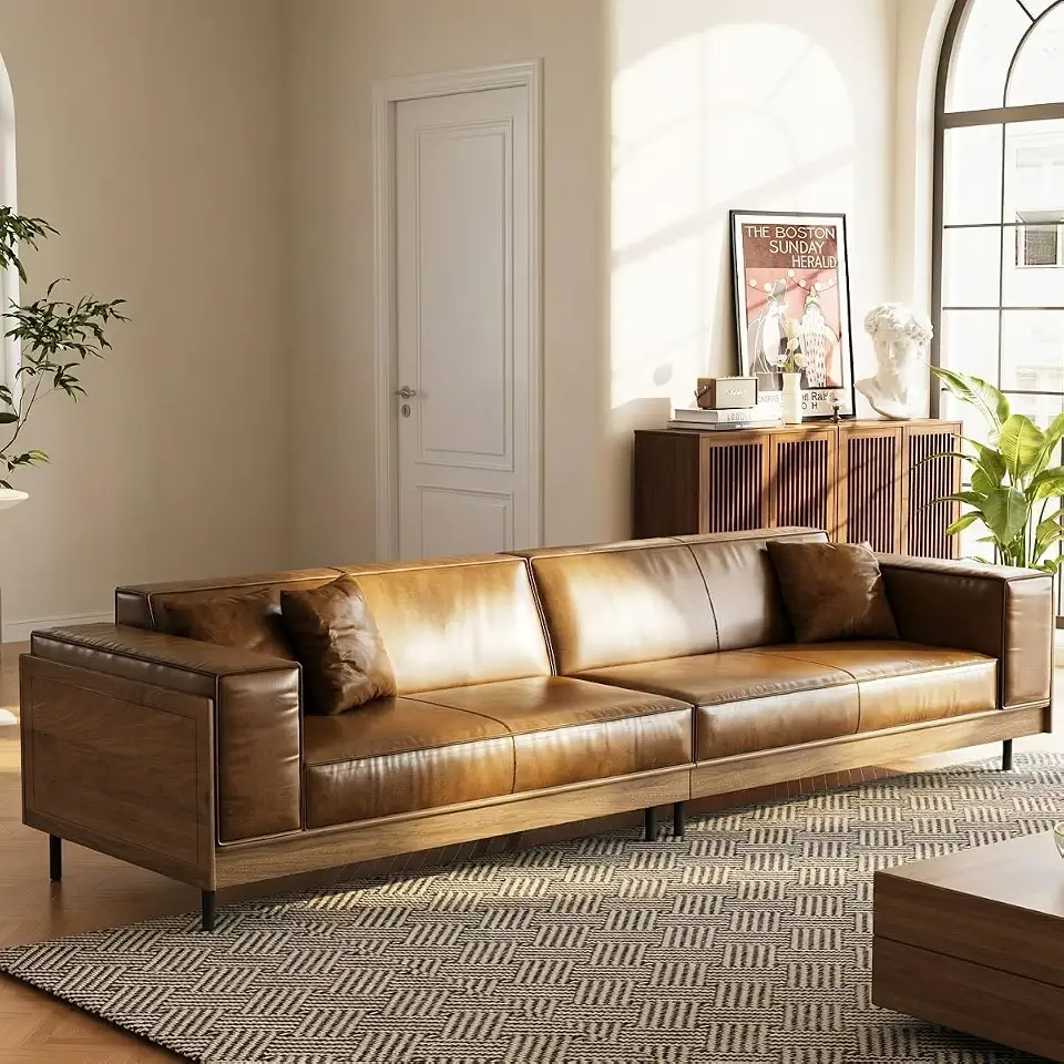 111.81" Mid-Century Modern 4 Seater Brown Living Room Sofa | Warm Brown Finish;High-Resilience Foam Cushions;Three - B0HC6FM2C7