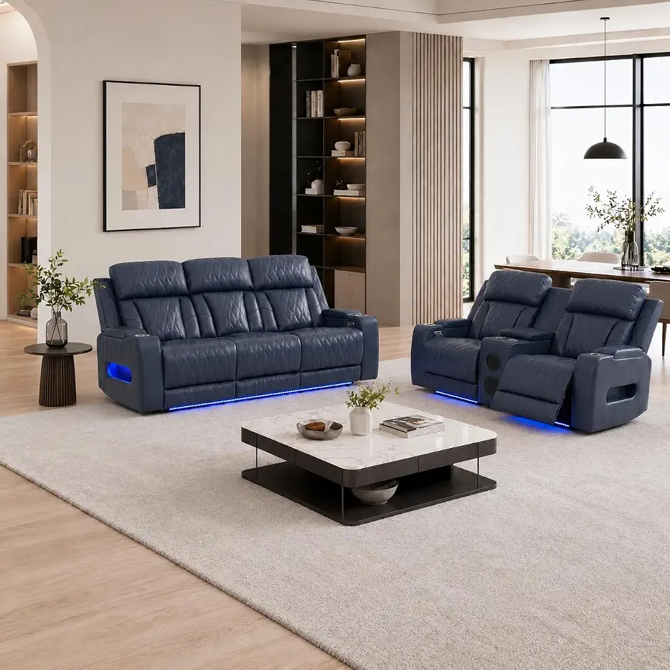 2 Piece Power Recliner Sofa Set, 3-Seat Sofa & Loveseat, Leather Living Room Furniture Set - B0HFWSS2QM