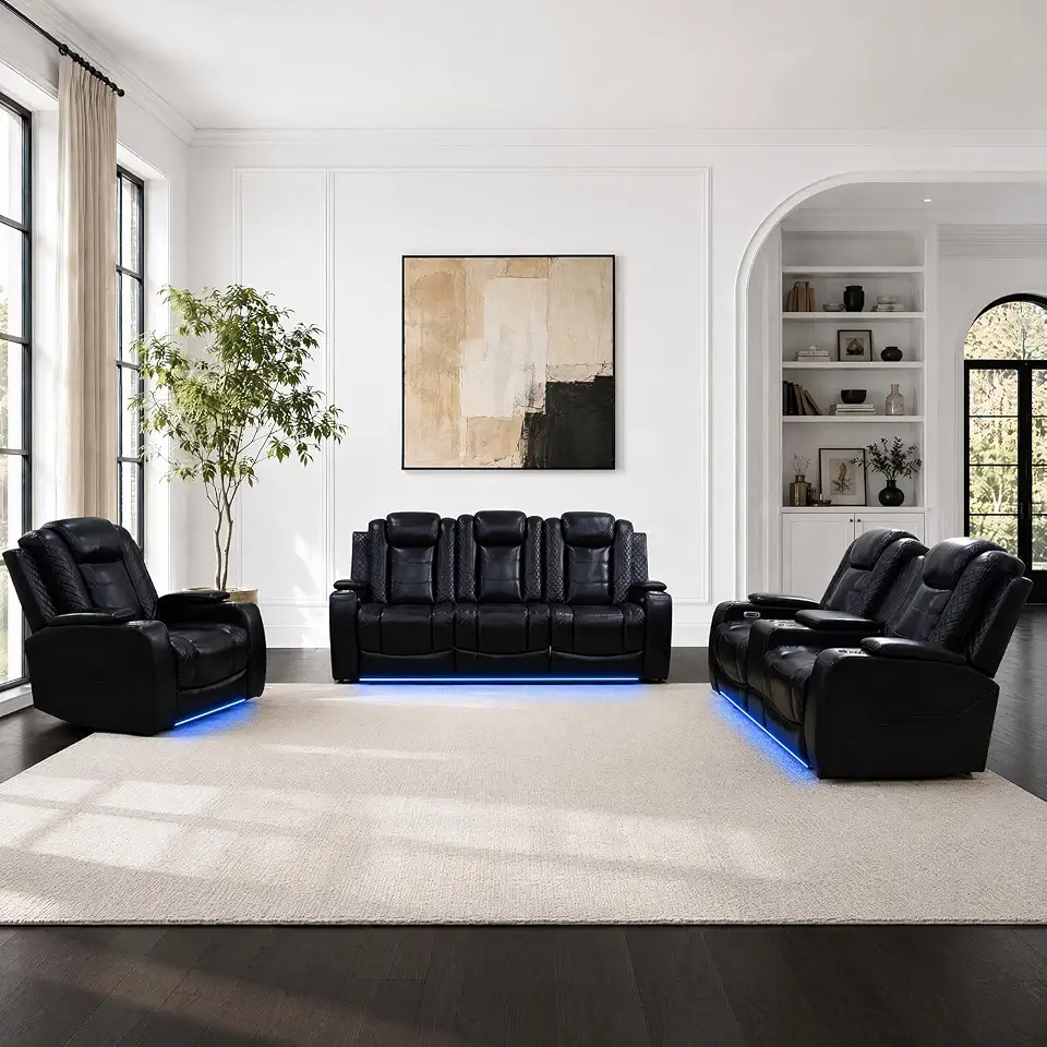 3-Piece Power Recliner Sofa Set, Leather Reclining Couch Sets with Ambient LED Lights, Storage, USB - B0HFX4L67V