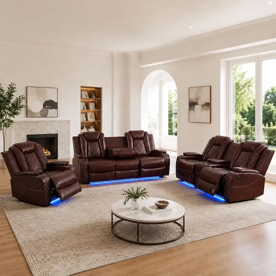 3-Piece Power Reclining Sofa Set with LED Lights and Built-in Speakers, Premium PU Leather Home - B0HD7R4TPJ