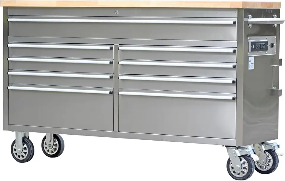 61" Stainless Steel Rolling Tool Chest with 9 Drawers & Rubberwood Top, Lockable Mobile Workbench - B0F53PL87G