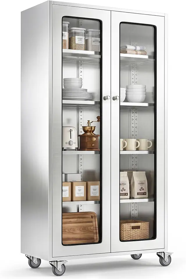 65" Tall Stainless Steel Storage Cabinet with 5-Tier Glass Doors Cabinet, Fully Assembled Storage Cabinet - B0HGRYB5PG
