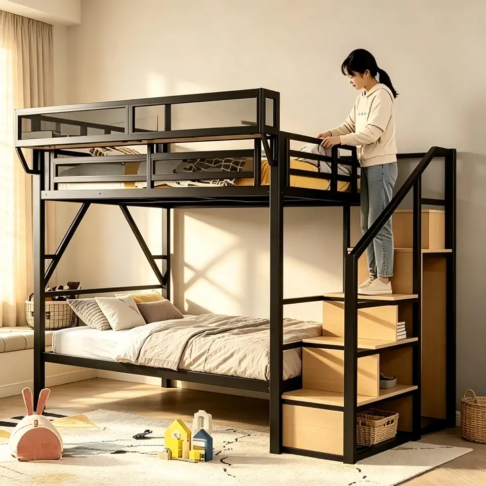 Black Metal Full Size High Loft Bed with Built-In Stairs, Storage Shelves & Attached Wardrobe, - B0HH9V36M4