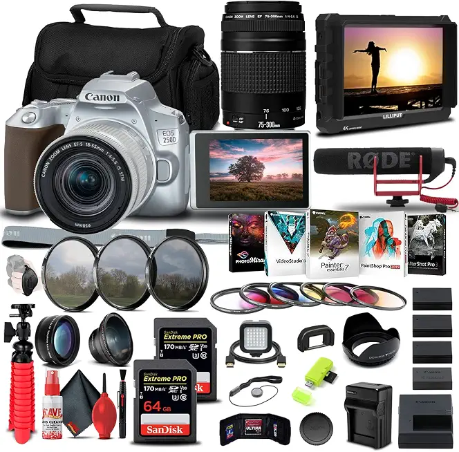 Canon EOS 250D/Rebel SL3 with 18-55mm Lens & Monitor (Silver) Bundle - B09X683R55