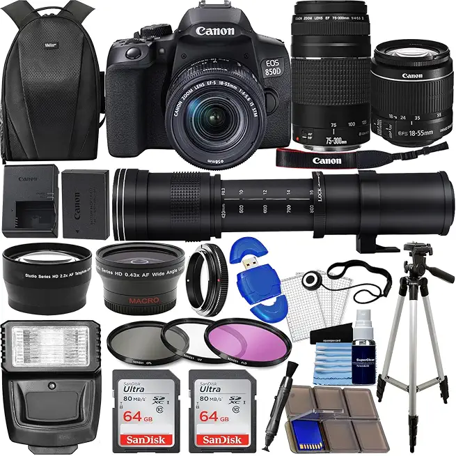 Canon EOS 850D (Rebel T8i) DSLR Camera w/ 18-55mm & 75-300mm III Lenses + 420-800mm - B0CLBDHPM8