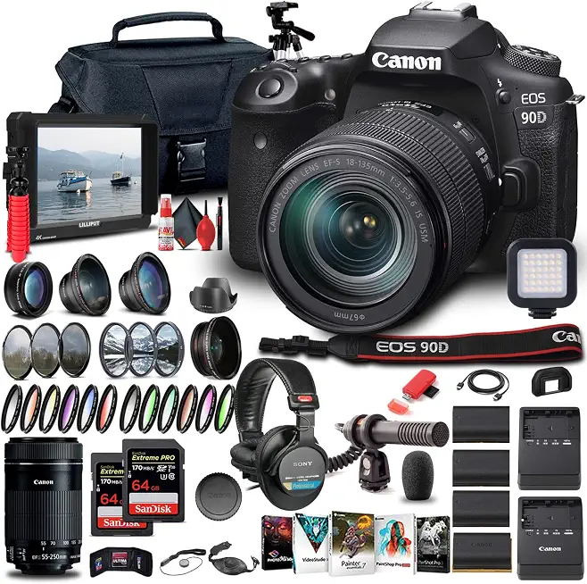 Canon EOS 90D Camera 18-135mm Lens & EF-S 55-250mm Lens + 4K Monitor Bundle - B08XVTJNVP