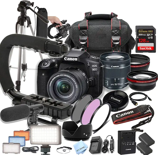 Canon EOS 90D DSLR Camera w/ 18-55mm STM + 128GB Extreme Speed Card, U-Grip, Microphone, - B0D4SVKYVL