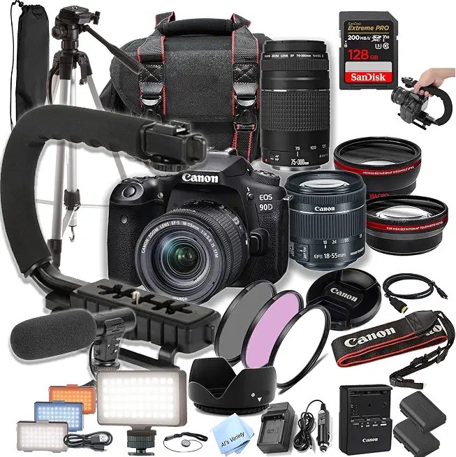 Canon EOS 90D DSLR Camera w/ 18-55mm STM + 75-300mm +128GB Extreme Speed Card, U-Grip, - B0D4SVJ84X