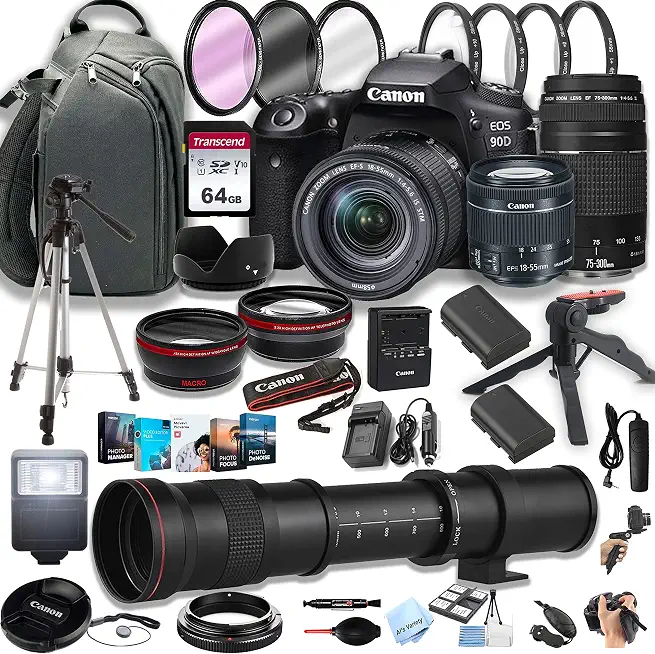 Canon EOS 90D DSLR Camera w/ EF-S 18-55mm & 75-300mm Zoom Lenses + 420-800mm Super - B0C668Q73W