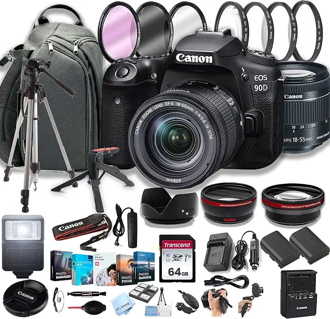 Canon EOS 90D DSLR Camera w/EF-S 18-55mm F/4-5.6 STM Zoom Lens + 100S Sling Backpack - B0C66G5PP8