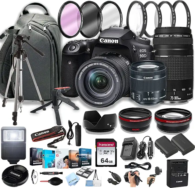 Canon EOS 90D DSLR Camera w/EF-S 18-55mm F/4-5.6 STM Zoom Lens + 75-300mm F/4-5.6 III - B0C66CCSV4
