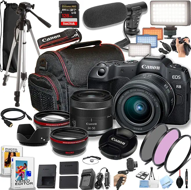 Canon EOS R8 24.2MP Full-Frame CMOS Sensor Mirrorless Camera with 24-50mm Lens, 128GB Extreme Speed - B0D45PZRD3