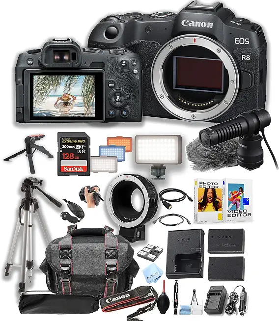 Canon EOS R8 Mirrorless Camera Body + 128GB Pro Speed Memory + EF-RF Lens Adapter - B0CHK4SCF3