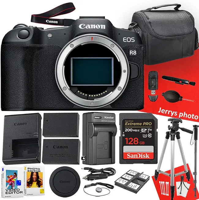 Canon EOS R8 Mirrorless Camera (Body Only) + 128 GB Memory + Tripod + Monopod - B0CV4L8BN5