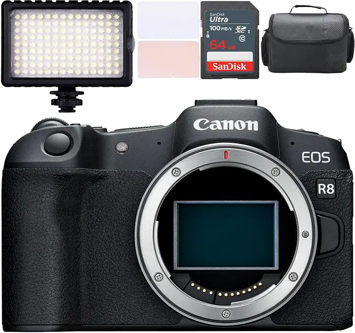 Canon EOS R8 Mirrorless Camera (Body Only) + LED Video Light + Camera Case + - B0DF9KHMVK