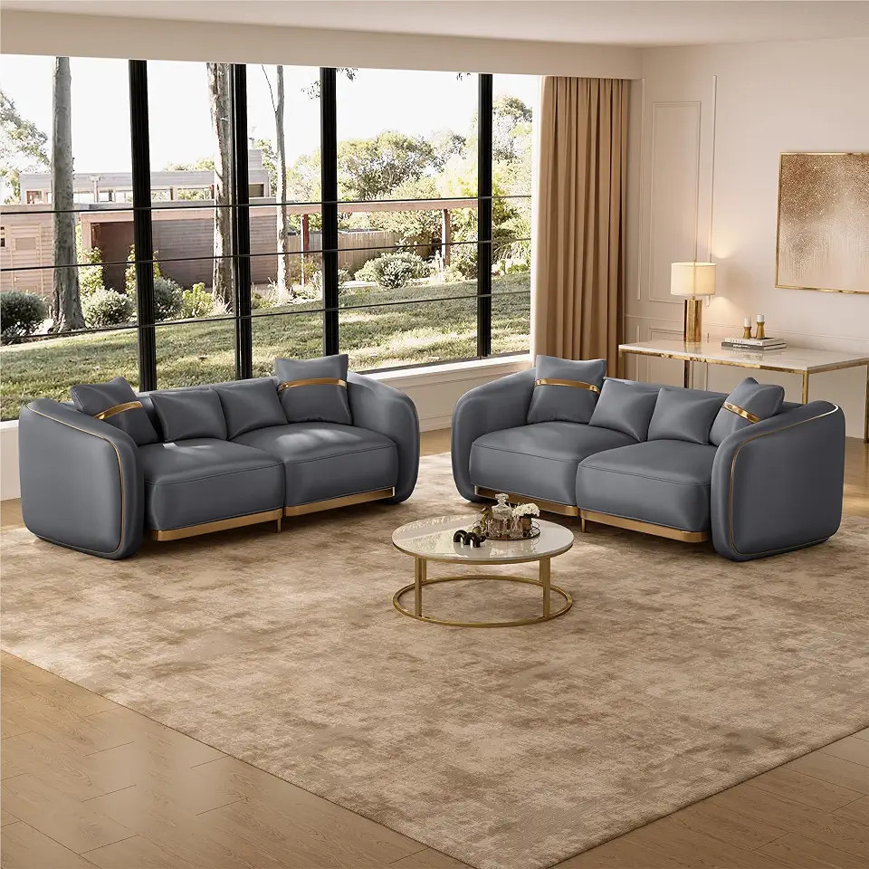 Chesterfield Sofa Set for Living Room, Luxury Velvet Grey and Gold Couches | 2 Pcs - B0HH99BXVP