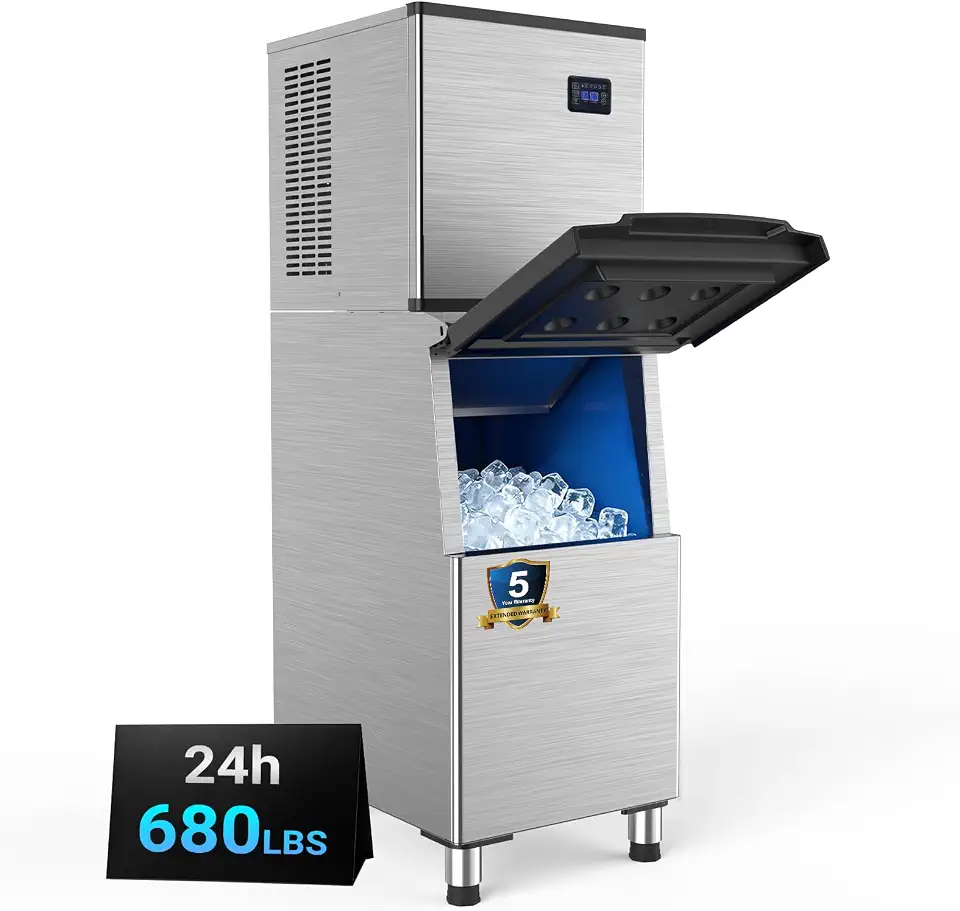 Commercial Ice Machine 680LBS/24H,with 400LBS Large Storage Bin,Ice Ready in 5-15 Min,110V Industrial Ice Cube - B0HF4CMQTL