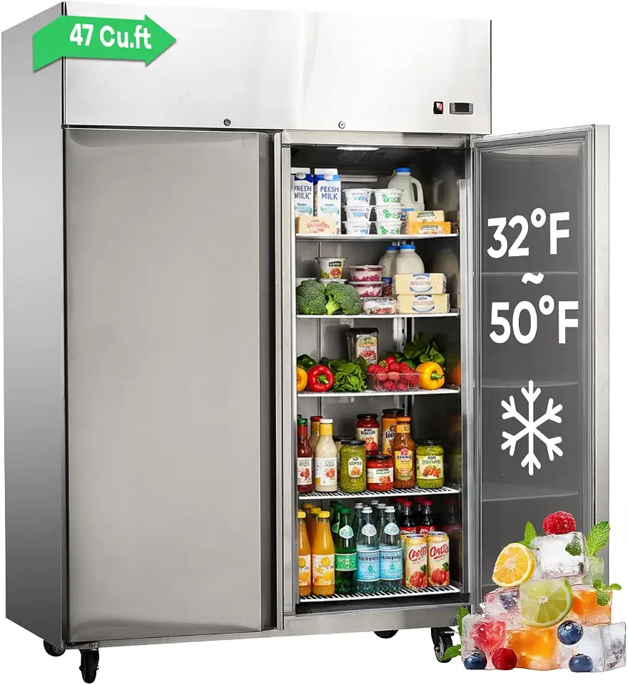 Commercial Upright Stainless Steel Refrigerator,2 Solid Doors, Adjustable Shelves, Auto Defrost, Digital Temperature Control, Freestanding - B0H7WSH8X8