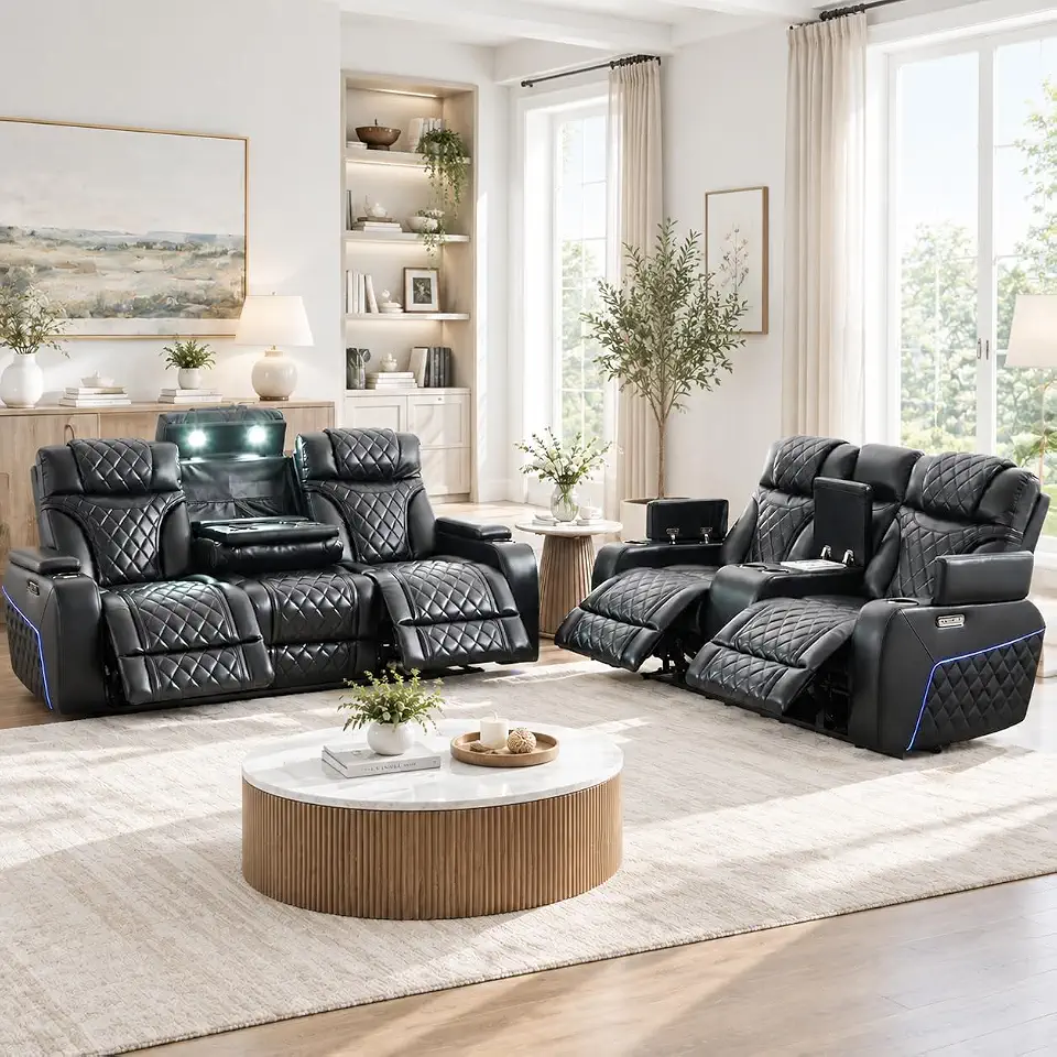 Faux Leather Power Reclining Sofa & Loveseat Set, Black – Power Headrest, Drop-Down Table, Hidden - B0HJBZ6ZSX