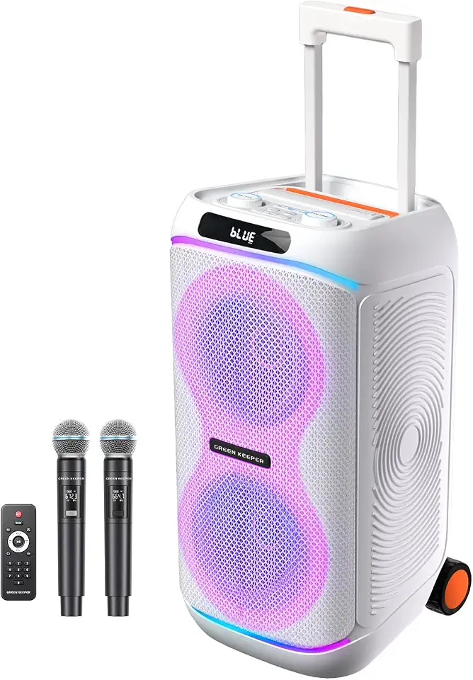GKDT63 Karaoke Machine with 2 Rechargeable Wireless Microphones, 600W Portable Bluetooth PA Party Speaker with - B0GZNH5373