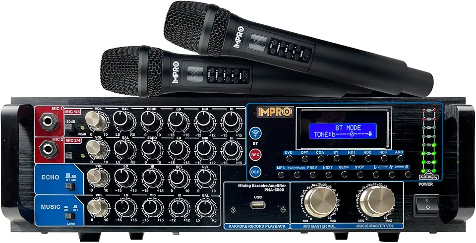ImPro PMA-6800 800W Mixing Amplifier Bundle with ImPro UHF-88II Wireless Microphones (Black) - B0CX6DMYSF